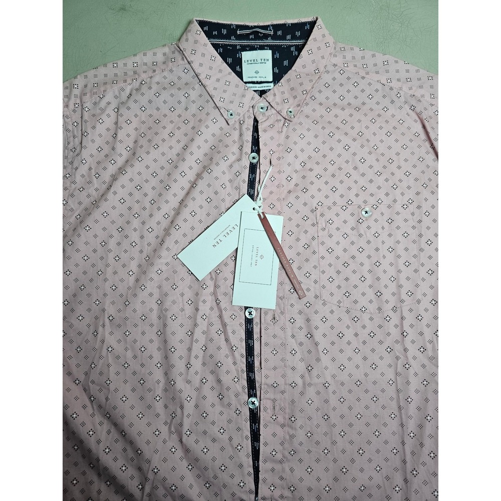 Level Ten Mens Pink Geometric Peached‎ Poplin Short Sleeve Button Down Shirt XL